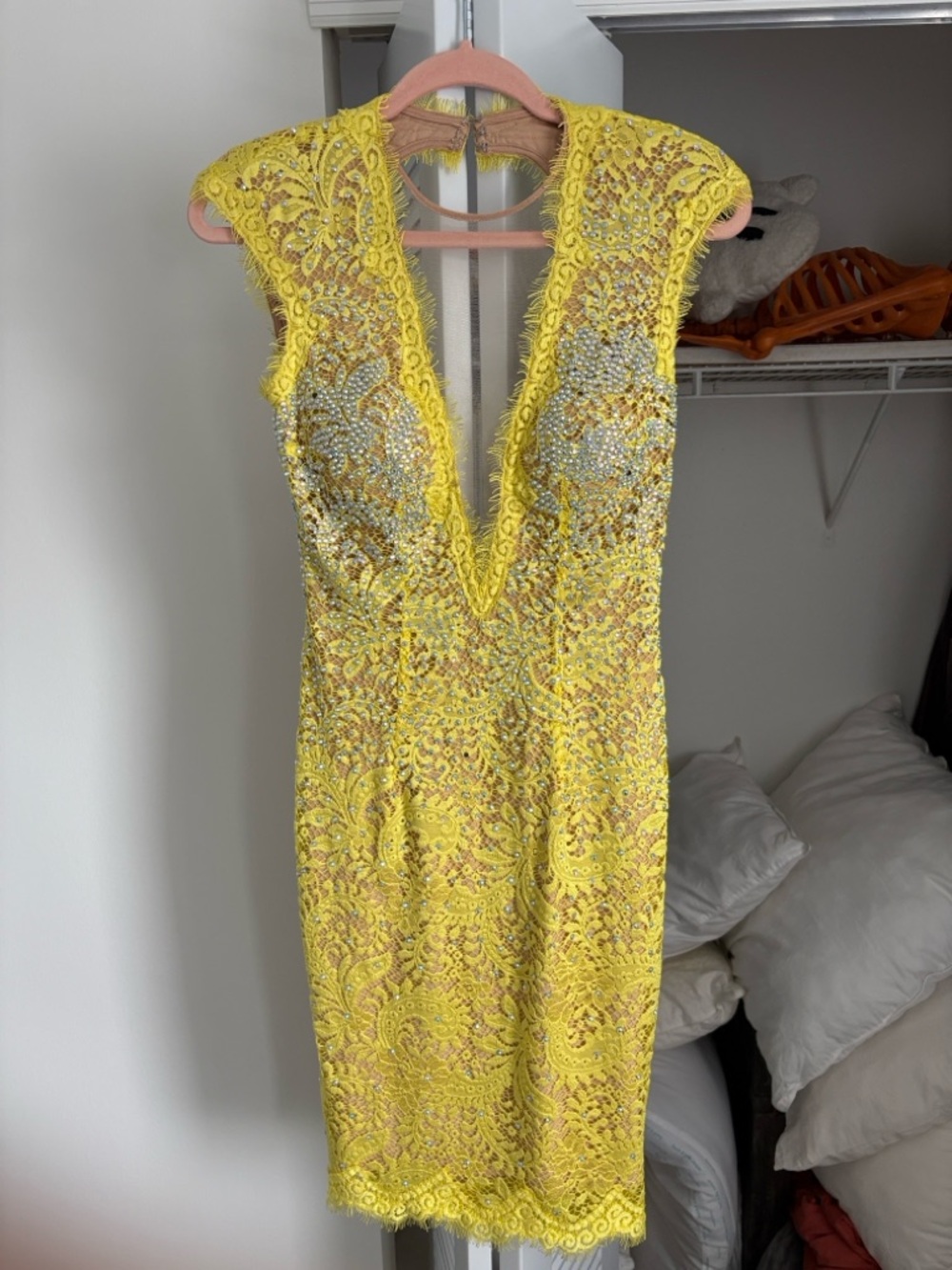 Yellow Lace Embellished V-Neck Bodycon Dress